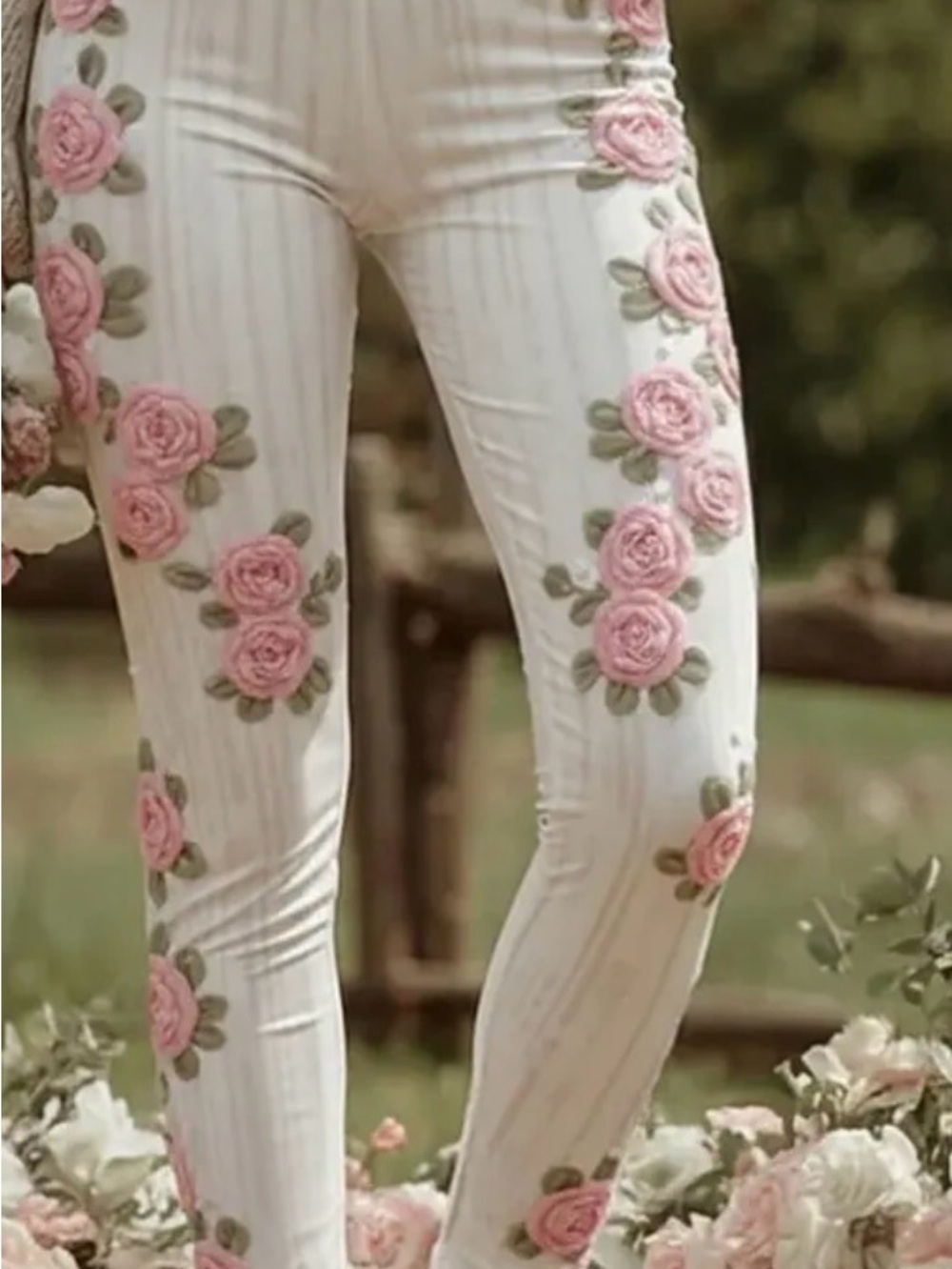 White Floral Applique Leggings with Pink Roses